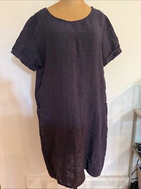 Helmut Lang sz 10  Short-Sleeve Linen Shift Dress in Navy/Plum 21”x36”